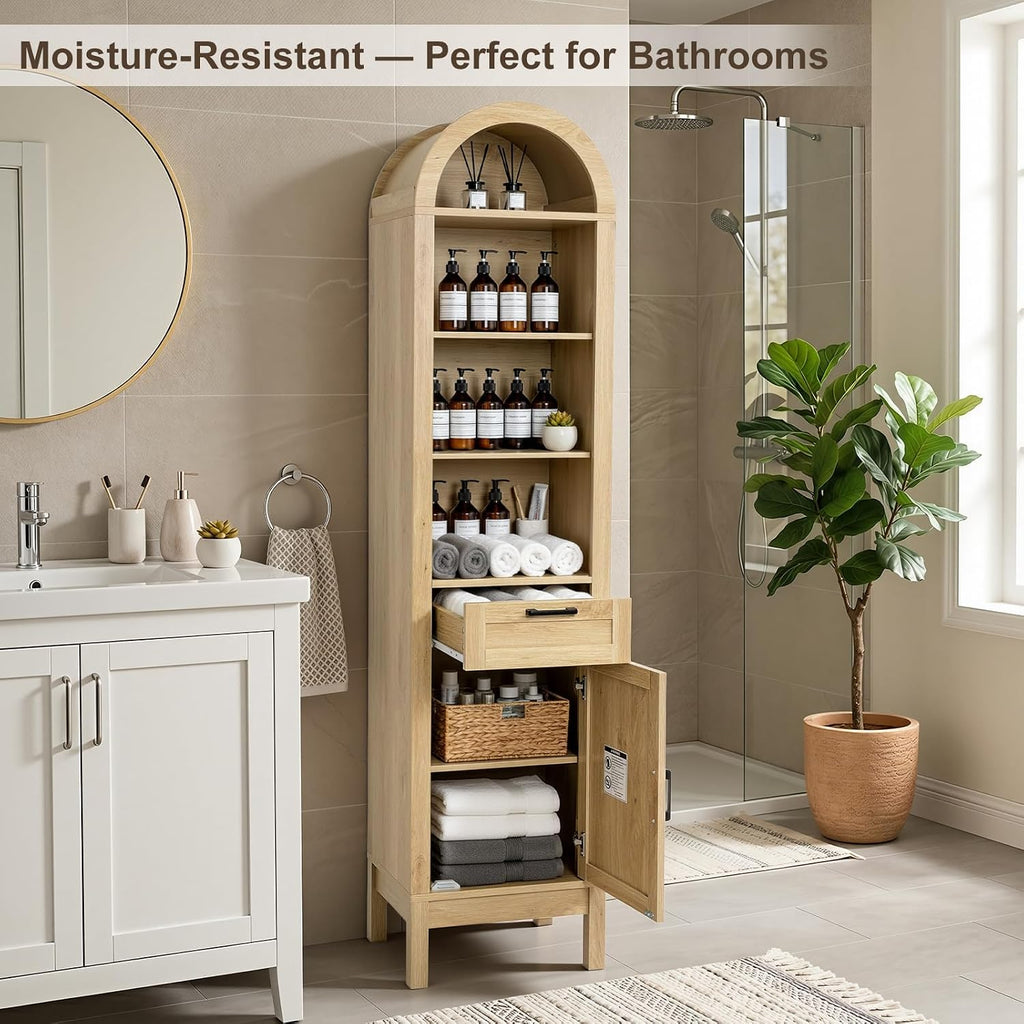 Narrow 71' Tall Wood Cabinet with Adjustable Shelves | Arched Storage Cabinet, 1 Door & 1 Drawer, Moisture-Resistant, Anti-Tipping, Sleek, Sturdy, Cam Lock, Space-Saving,