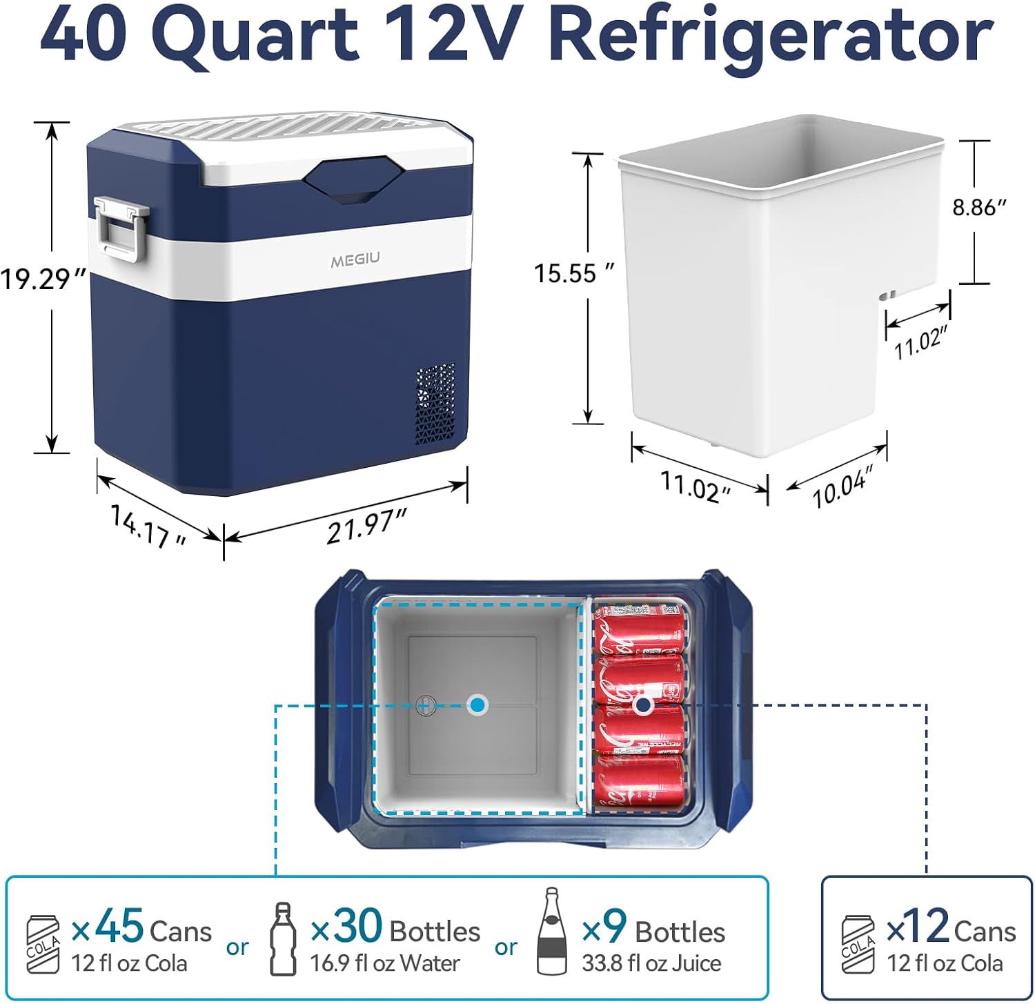 Megiu 12 Volt Refrigerator Car Fridge Portable 12V 40 Quart Freezer Compressor Cooler 12V/24V DC 110～240 V AC for Truck Van RV Camper SUV and Home Use
