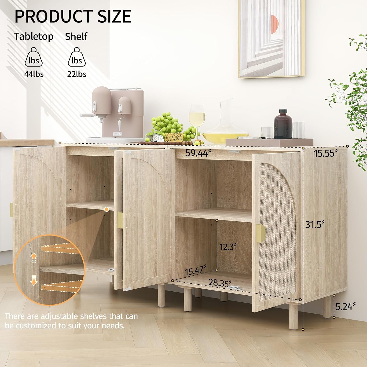 vistavie Rattan Buffet 2 Door Cabinet with Storage, Sideboard Storage Cabinet with Solid Pine Legs, Accent Wood Cabinet for Living Room, Dining Room, Kitchen (Natural, Set 2)