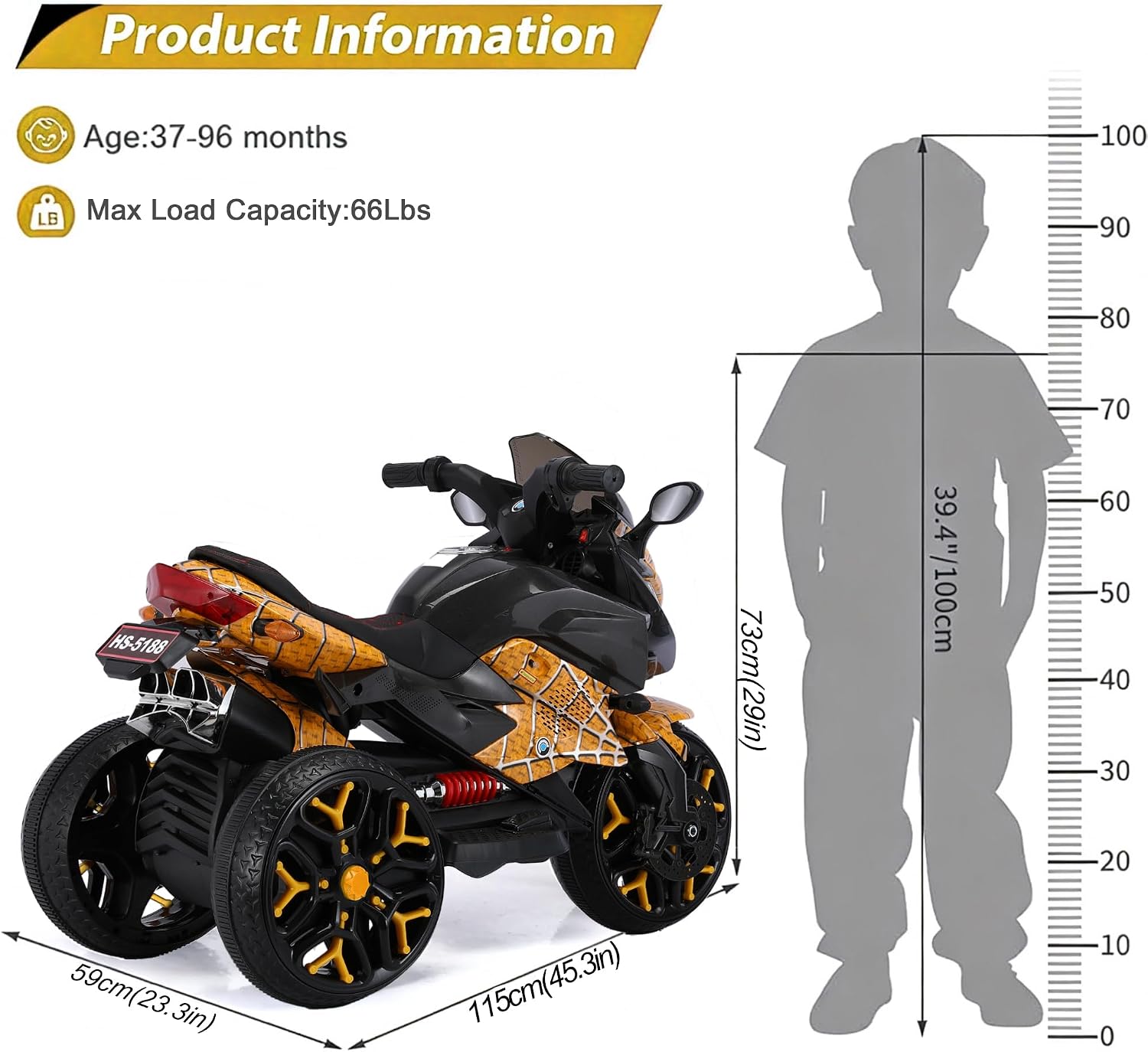 12V Kids Electric Motorcycle with Training Wheels | Plastic, PU seat, manual throttle, foot brake, USB, MP3, phone link, light-up wheels, ages 3-6, 45.3 W x 23.2 D x 28.7 H in