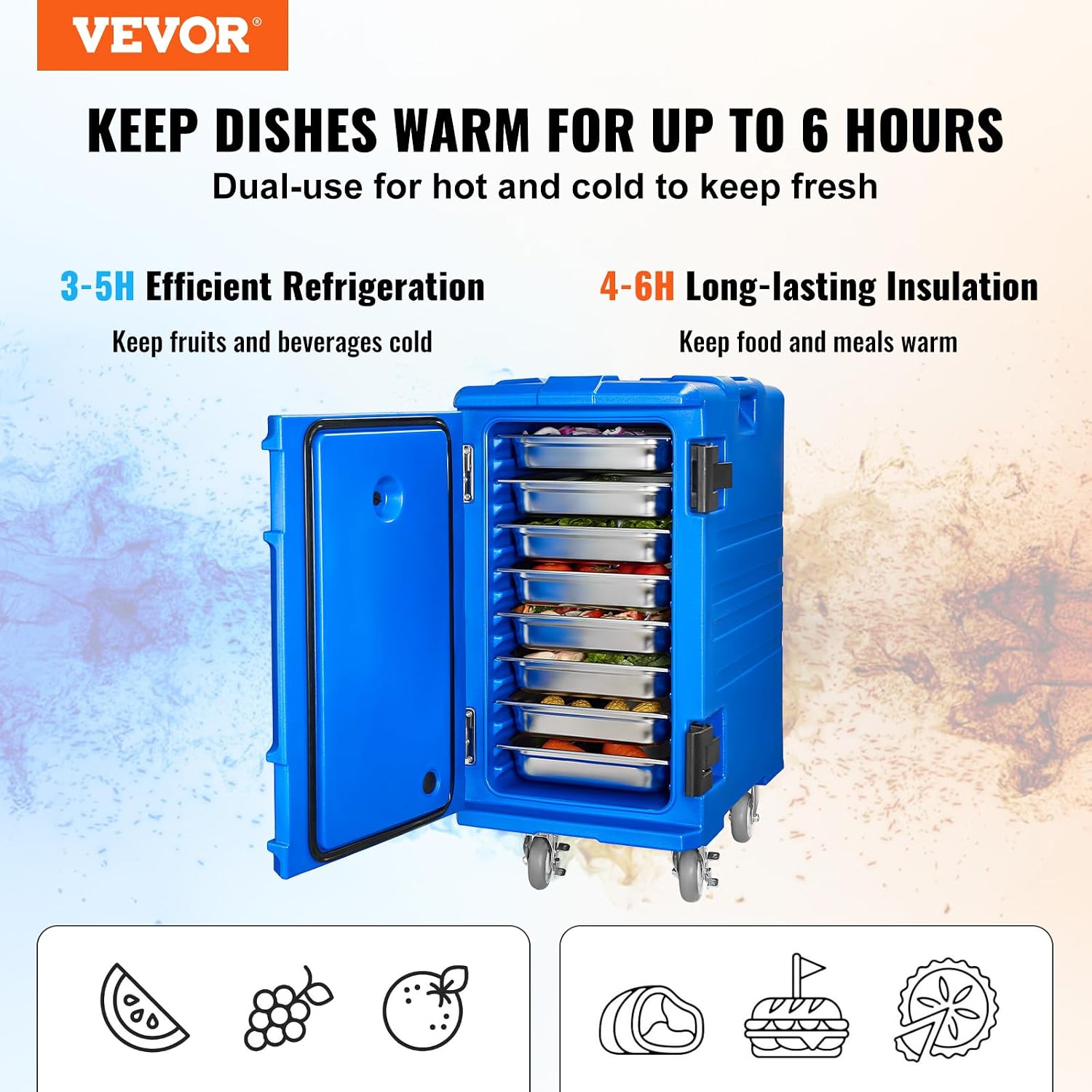 VEVOR Insulated Food Pan Carrier, 127 Qt Hot Box for Catering, LLDPE Food Box Carrier w/Double Buckles, Front Loading Food Warmer w/Handles, End Loader w/Wheels for Restaurant, Canteen, etc. Blue
