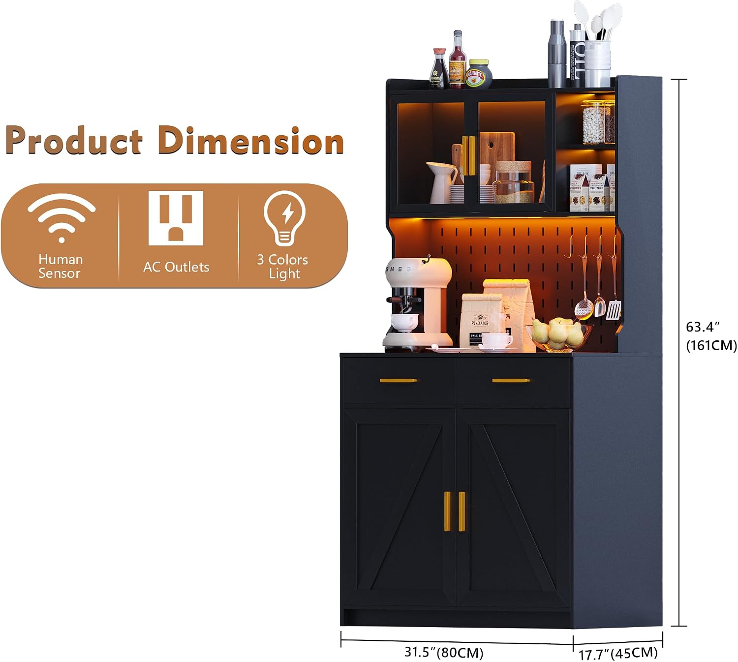 LED Kitchen Pantry Cabinet with Outlets, Farmhouse Storage Cabinet with Drawers & Adjustable Shelves, 64' Tall Cupboard with Pegboard & Hooks for Dining Room, Living Room