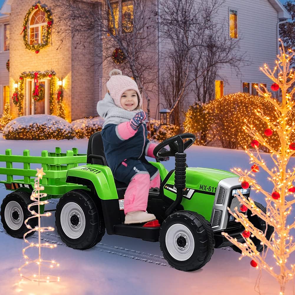 Kids Ride On Tractor with Green Trailer & Remote Control, 12V Toddler Battery Powered Electric Vehicle with Slow Start 7LED Headlights USB Music Player 2+1 Gear Shift, Green Trailer, 25W/Treaded Tires