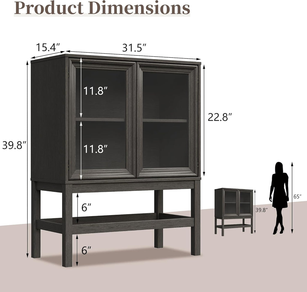 Sideboard Buffet Cabinet with Storage Set of 2, Small Kitchen Coffee Wine Bar Cabinet with Glass Doors, Wood Mid Century Modern Side Board Table for Dining Room, Living Room