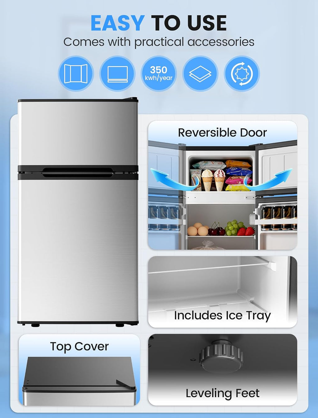 COWSAR 2.5 Cu.Ft Dorm Fridge with Freezer, Double Reversible Door Compact Refrigerator with 2 Removable Shelves, Commercial Drink Fridge for Bedroom, Office, Kitchen, Dorm, Silver