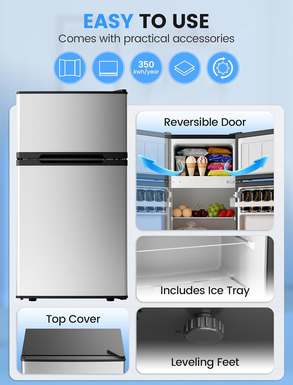 COWSAR 2.5 Cu.Ft Dorm Fridge with Freezer, Double Reversible Door Compact Refrigerator with 2 Removable Shelves, Commercial Drink Fridge for Bedroom, Office, Kitchen, Dorm, Silver