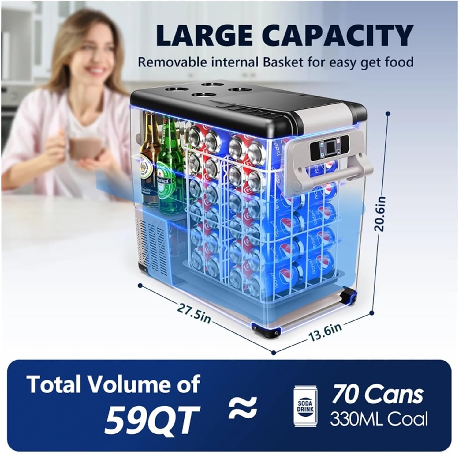 12 Volt Car Refrigerator,58QT(55L) Electric Cooler,Portable Freezer 12/24V DC 110-240V AC For Camping, Travel,Home