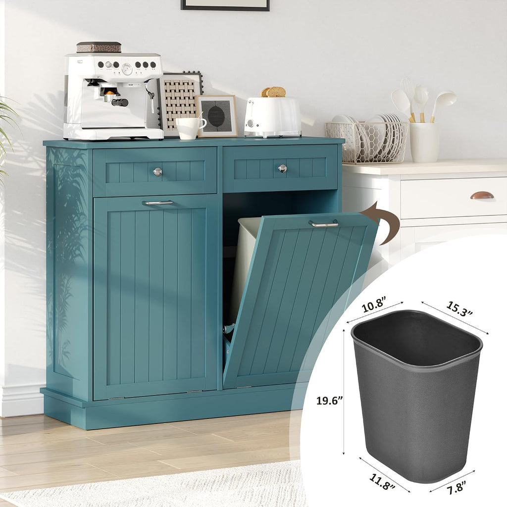 KIGOTY Double Tilt Out Trash Can Cabinet, 20 Gallon Hidden Trash Storage Cabinet with 2 Hideaway Drawers, Freestanding Trash Can for Kitchen, Wooden Laundry Hamper Cabinet, Pet Proof (Lake Blue)