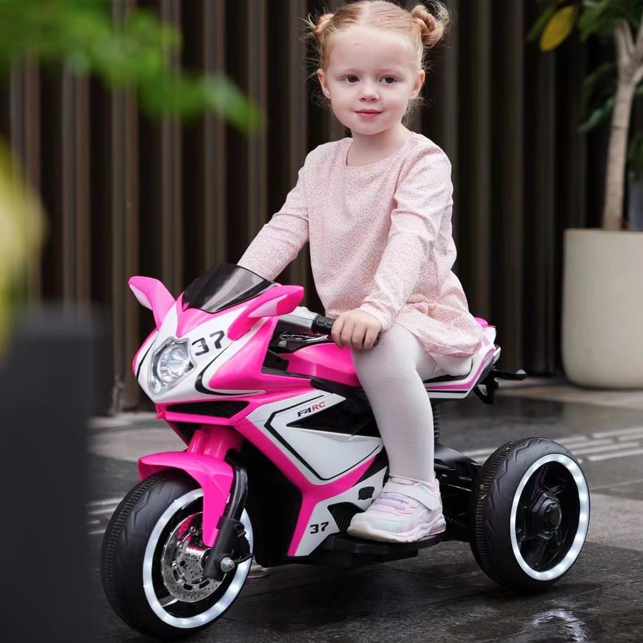 Ride on Motorcycle, Rechargeable Ride on Toys, Tamco Motorcycle for Kids 3 to 4 Years Boys Girls with Foot Pedal Starter, Music/Lights/Lighting Wheels (Pink)