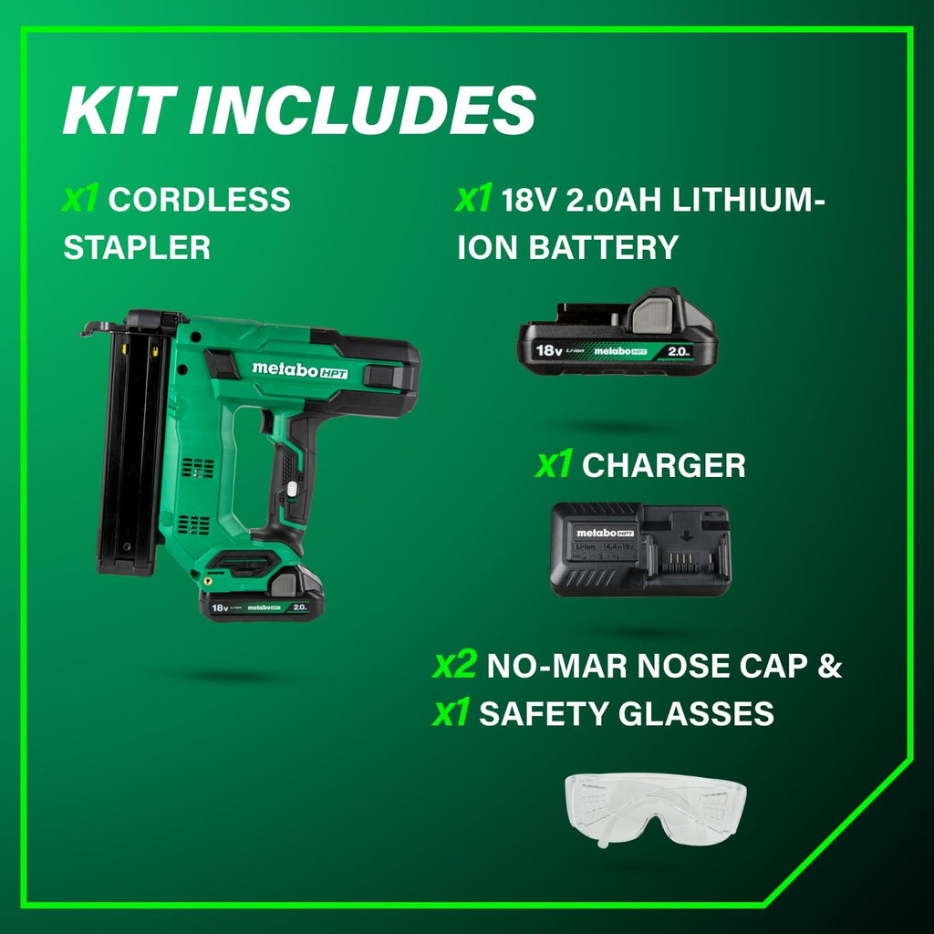 Metabo HPT 18V MultiVolt Cordless Narrow Crown Stapler Kit, 18 Gauge 1-1/2' Stapler with Power Tool 2.0Ah Lithium Ion Battery, Drives 1/2' to 1-1/2' Staples, 5-Year Warranty, N1804DB