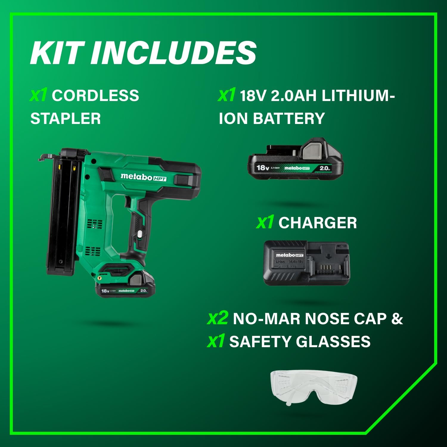Metabo HPT 18V MultiVolt Cordless Narrow Crown Stapler Kit, 18 Gauge 1-1/2' Stapler with Power Tool 2.0Ah Lithium Ion Battery, Drives 1/2' to 1-1/2' Staples, 5-Year Warranty, N1804DB