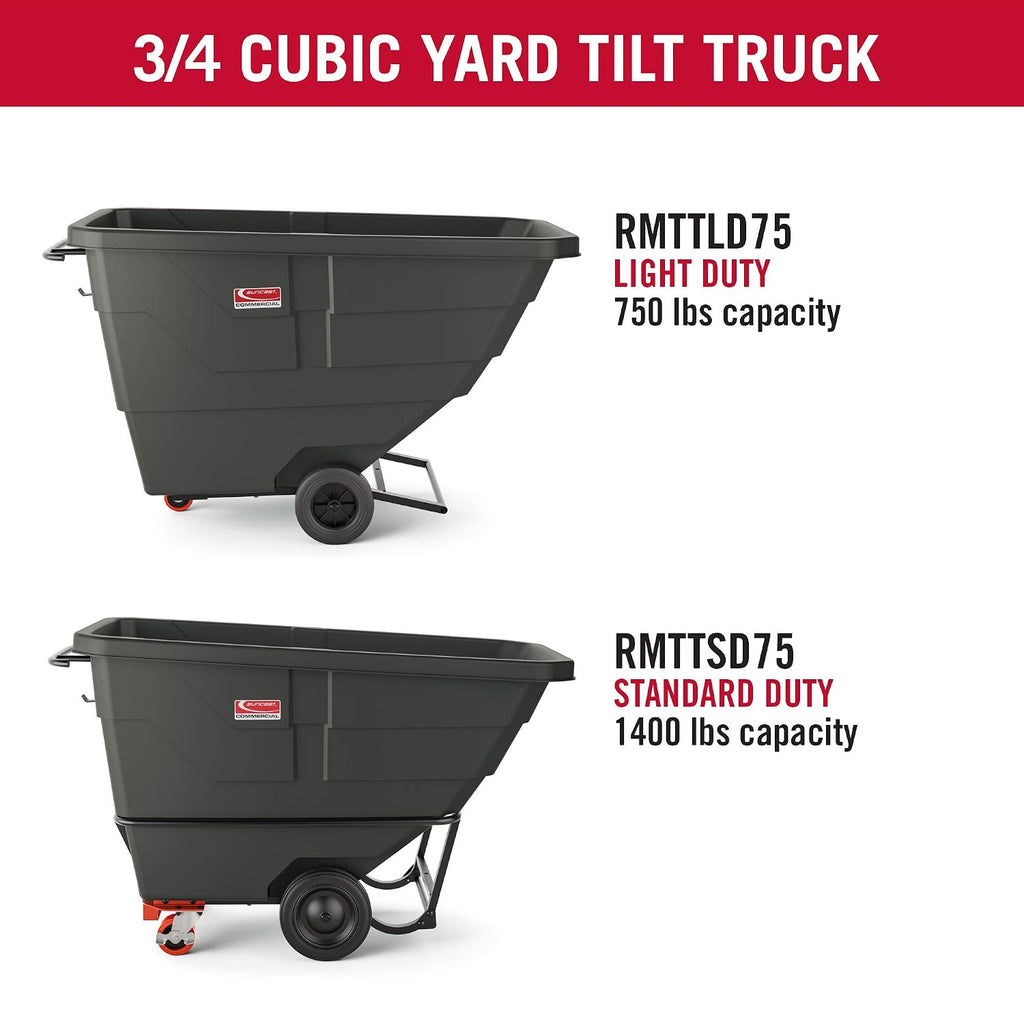 Suncast Commercial Light Duty 3/4 Cubic Yard Roto-Molded Tilt Truck with Integrated Brake, 750-Pound Capacity, 69'L x 41'W x 31'H', Made in The USA