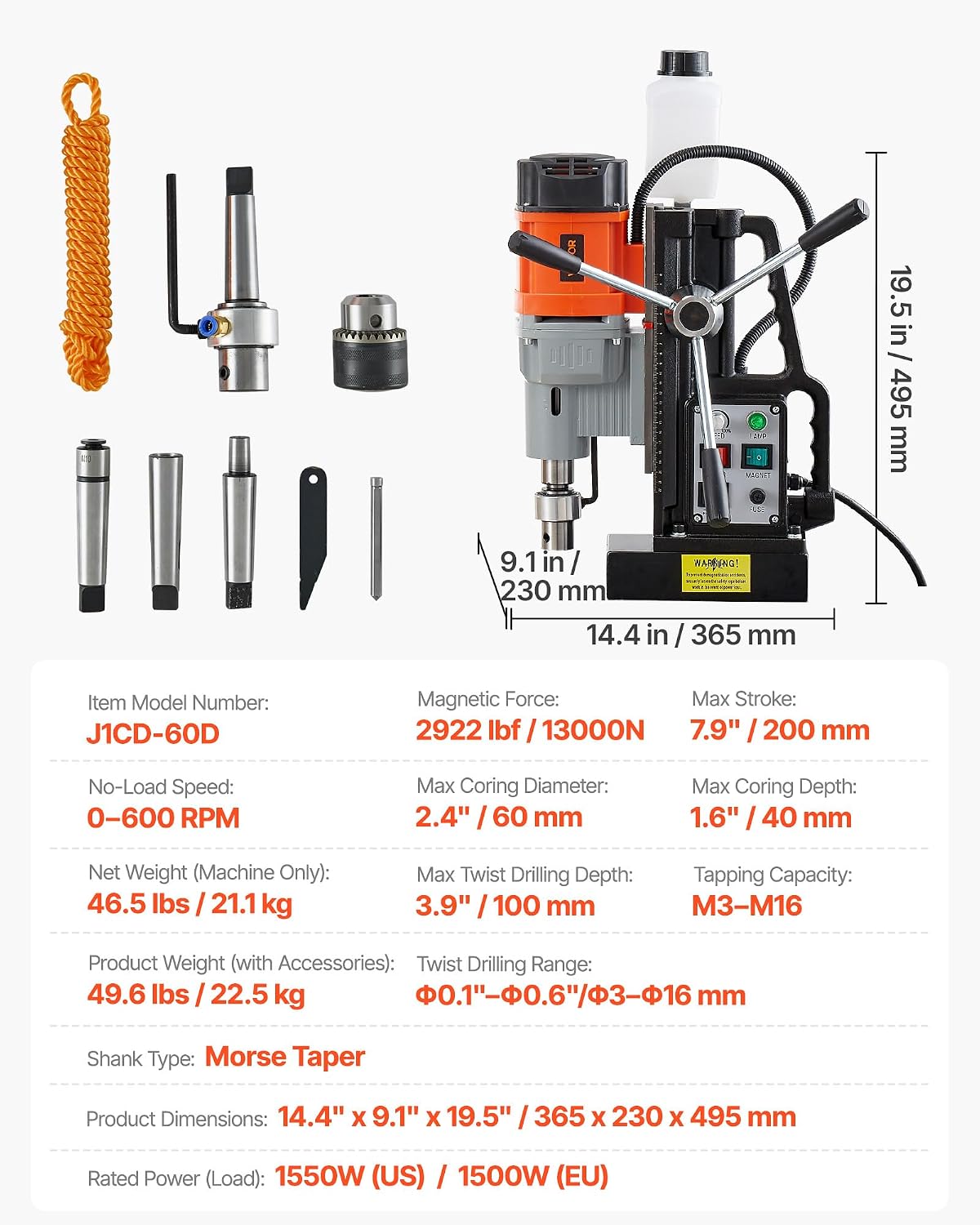 VEVOR Magnetic Drill Press, 1550 W, 2.4 in Boring Diameter, 2922 lbf Power Mag Drill Press, 0-600 RPM Adjustable Speed, Morse Taper, M3-M16 Tapping, for Metal Surface, Industrial and Home Improvement