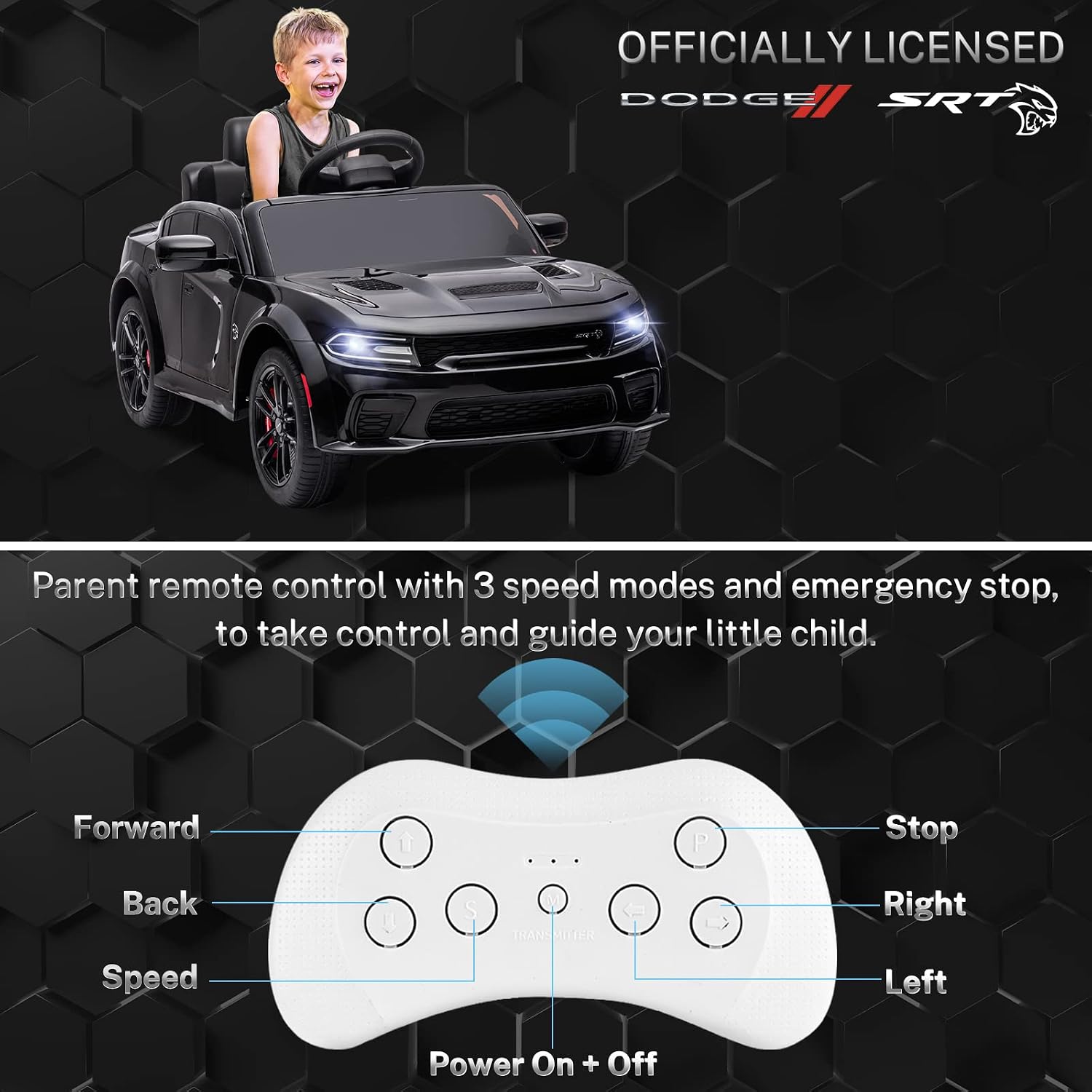 ENYOPRO 12V Electric Car for Toddlers & Kids, Licensed Dodge Charger SRT Hellcat Ride On Car, 7Ah Battery Powered Electric Vehicle w/Remote Control, Bluetooth, Music, 3 Speeds, LED Lights (Black)