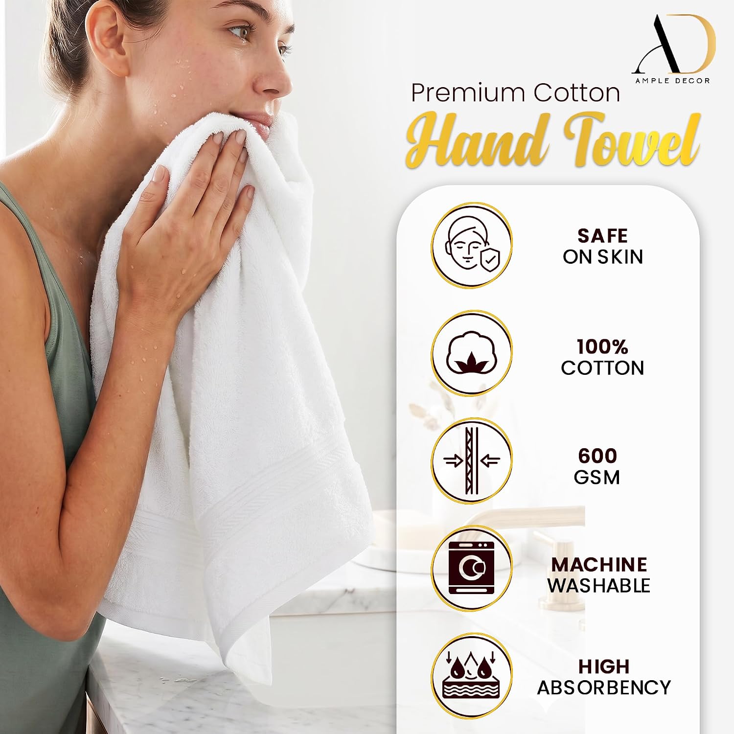 Ample Decor 100% Cotton Hand Towels 18x28 Inches, 600 GSM, Soft & Absorbent, Set of 52, Black