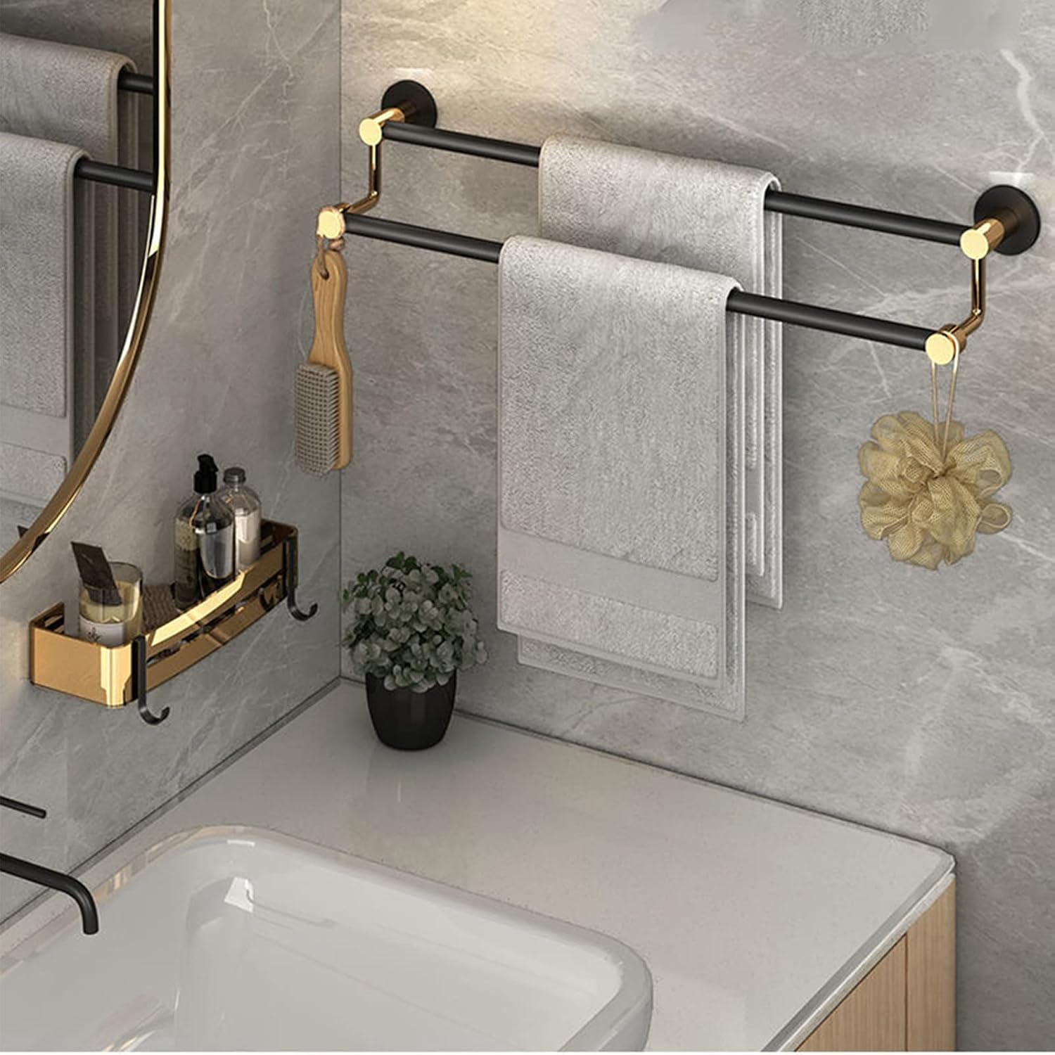 Stainless Steel Black Towel Ring and Toilet Paper Holder, Bathroom Black Hand Towel Holder Wall Mounted Hand Towel Ring (Black Gold) (Size : 43.3inch(110cm))
