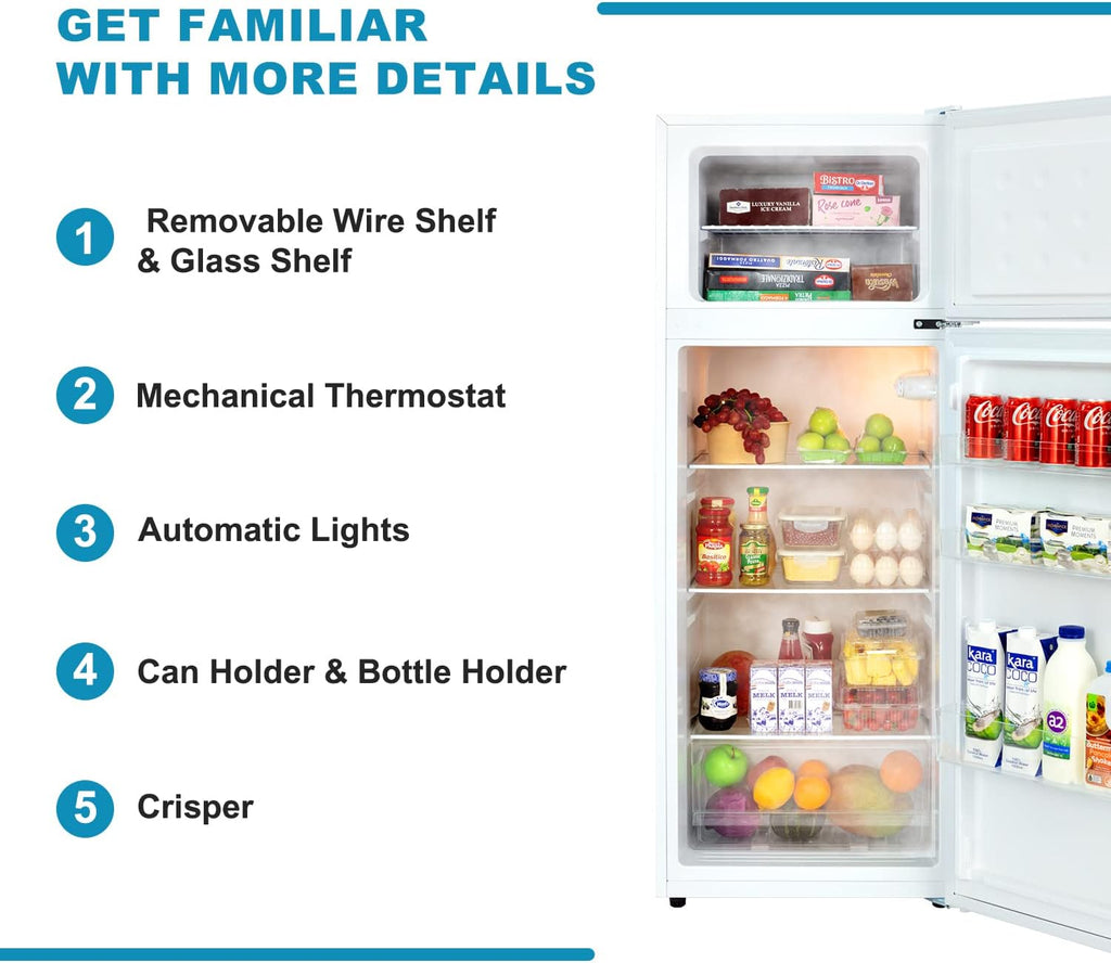 7.4 CU' Refrigerator with Freezer, Apartment Size Refrigerator Top Freezer, 2 Door Fridge with Adjustable Thermostat Control, Freestanding, Door Swing, White (FR 742 WH)