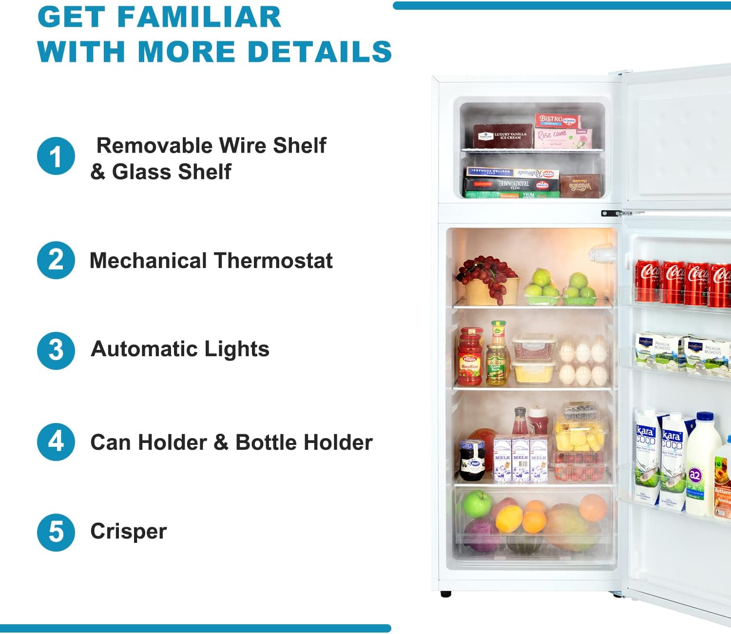 7.4 CU' Refrigerator with Freezer, Apartment Size Refrigerator Top Freezer, 2 Door Fridge with Adjustable Thermostat Control, Freestanding, Door Swing, White (FR 742 WH)