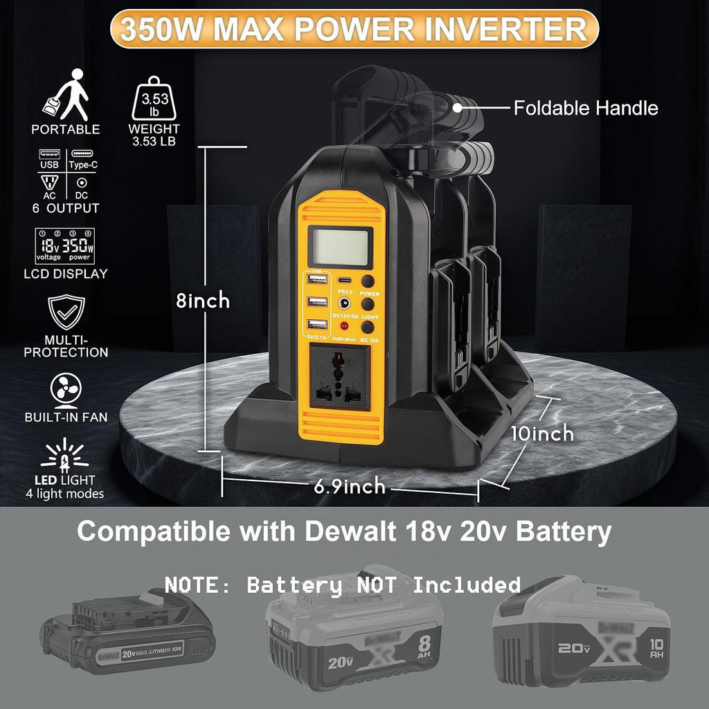 DC 20V to AC 120V Power Inverter Compatible with Dewalt 20V Max Battery, 350W Pure Sine Wave Portable Power Inverter Converter with LCD Display and LED Light, 4 Battery Port