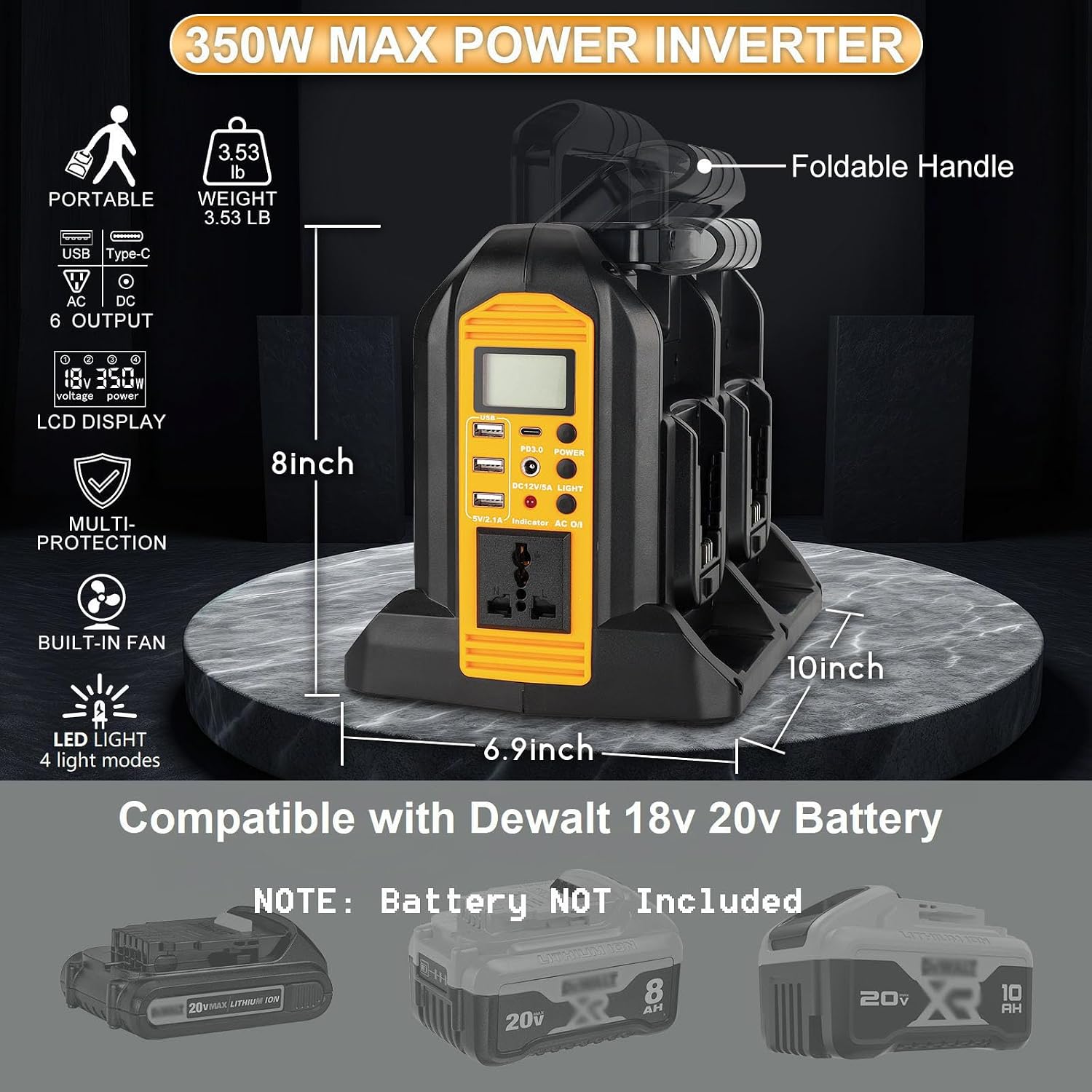 DC 20V to AC 120V Power Inverter Compatible with Dewalt 20V Max Battery, 350W Pure Sine Wave Portable Power Inverter Converter with LCD Display and LED Light, 4 Battery Port