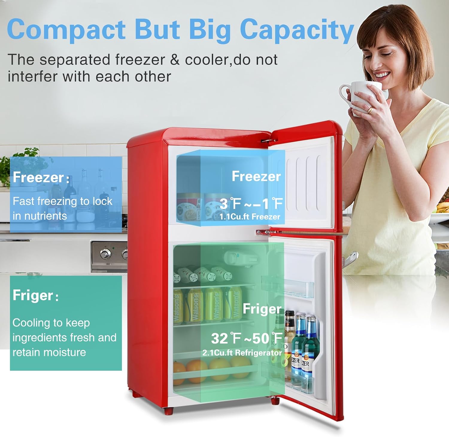 Anukis Mini Fridge with Freezer 3.2 Cu Ft 2 Door Mini Fridge for Apartment, Dorm, Office, Family, Basement, Garage - Retro Red