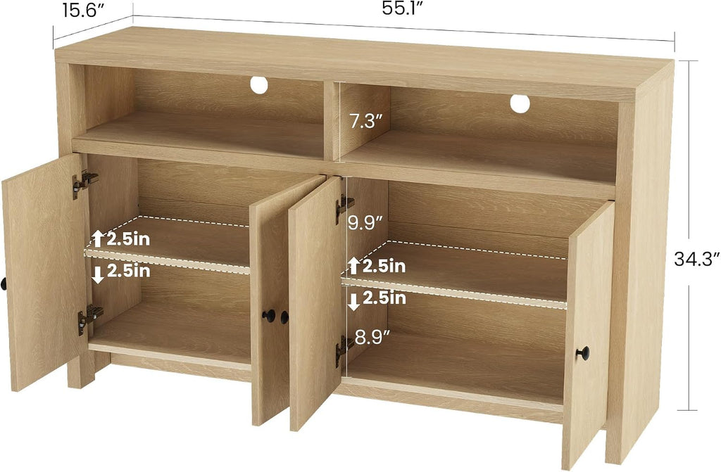 Garvee Sideboard Buffet Cabinet with Storage, 55'' Large Farmhouse Kitchen Storage Cabinet with 4 Doors & Adjustable Shelves, Wood Coffee Bar Cabinet for Kitchen Dining Room Entryway Living Room, Oak