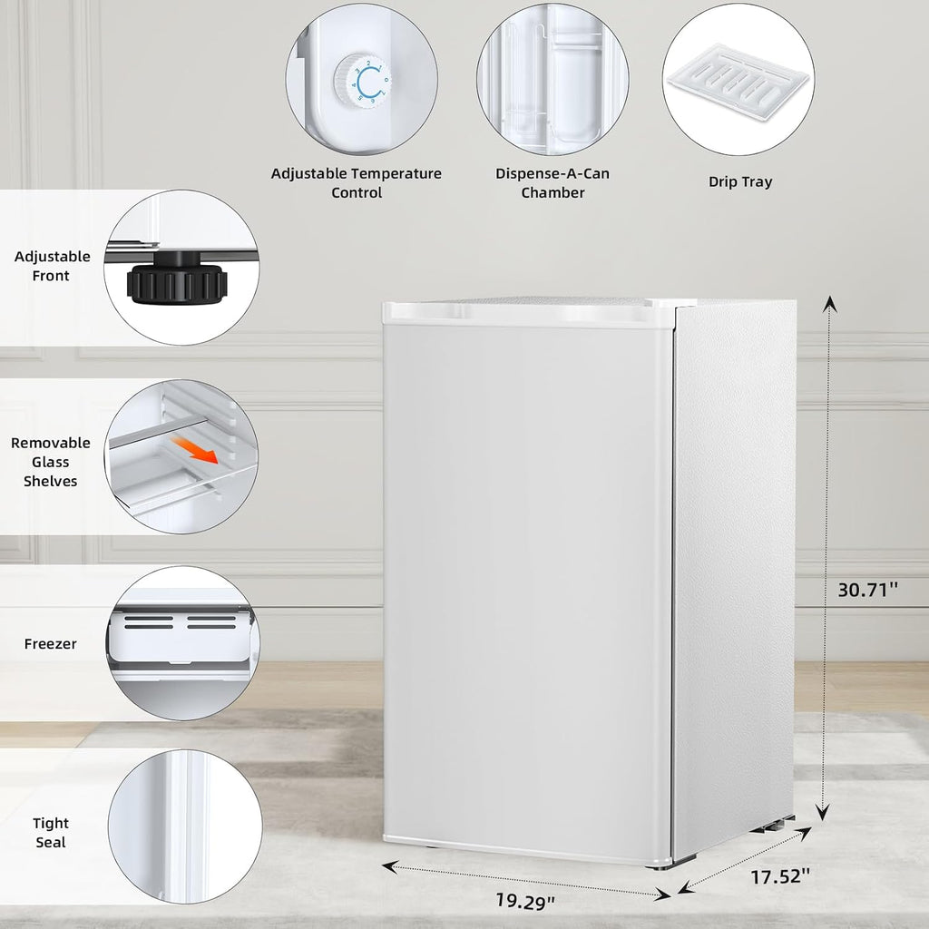 Antarctic Star Compact Refrigerator with Freezer, 3.2 Cu.Ft Mini Fridge with Adjustable Thermostat,Single Door,Removable Glass Shelves for Dorm/Kitchen/Office,WHITE