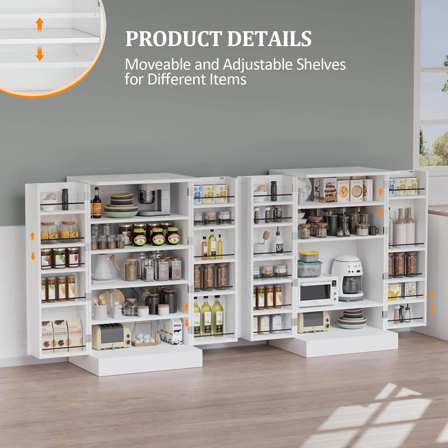 VINGLI Pantry Cabinet, White Kitchen Storage Cabinet with 2 Doors and Adjustable Shelves, 40.5' H Food Storage Freestanding Cupboard for Small Space in Dining Room, Living Room