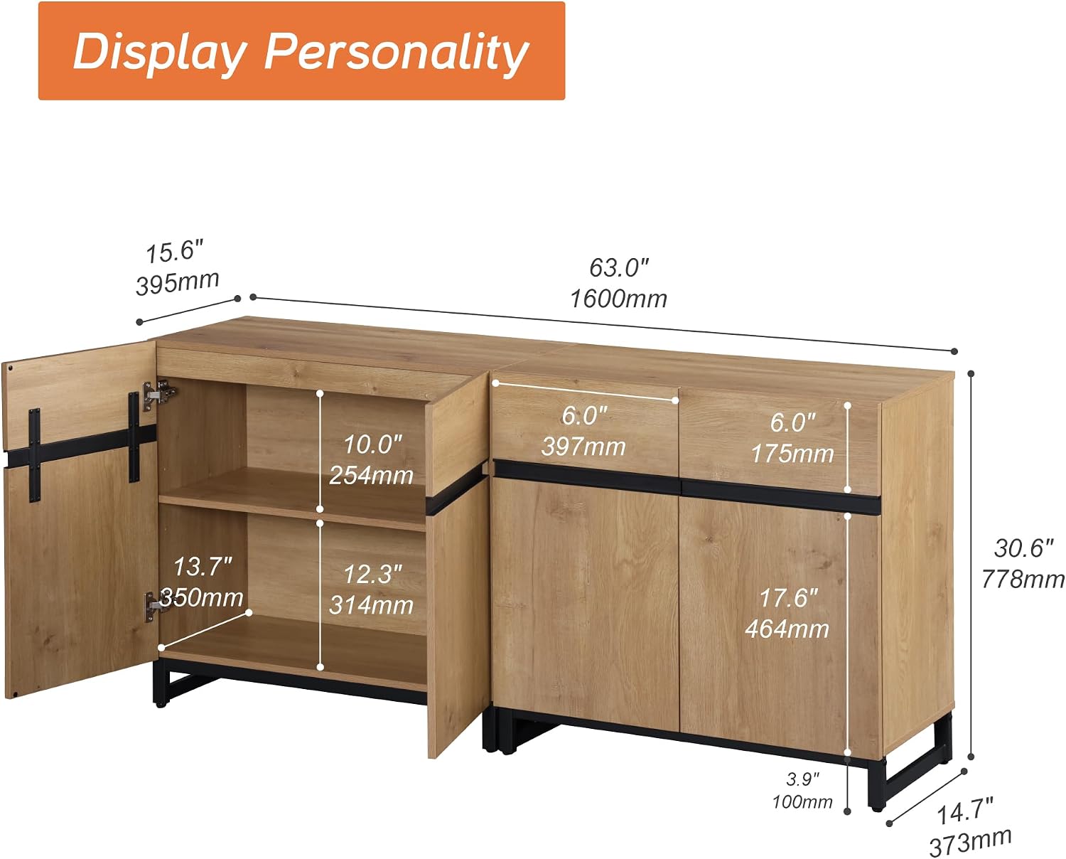 WAMPAT 2 in 1 Multifunctional Sideboard Buffet Cabinets, Modern Sideboard with Adjustable Shelf and Metal Base, Coffee Bar Cabinet Storage Cabinet for Living Room, Kitchen, Oak