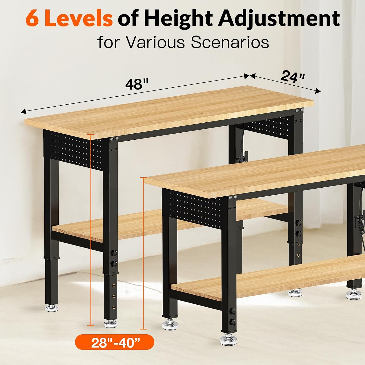 48×24 Adjustable Height Work Bench Heavy Duty Workbench for Garage with Under Table Shelf Rubber Wood Work Table with Pegboard for Shop Woodworking, Office, Home, Commercial