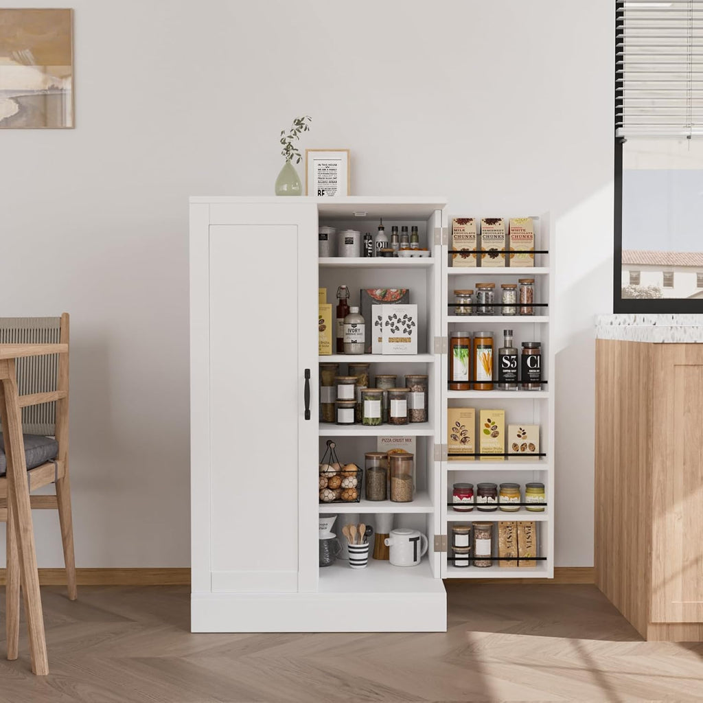 VINGLI Pantry Cabinet, White Kitchen Storage Cabinet with 2 Doors and Adjustable Shelves, 40.5' H Food Storage Freestanding Cupboard for Small Space in Dining Room, Living Room