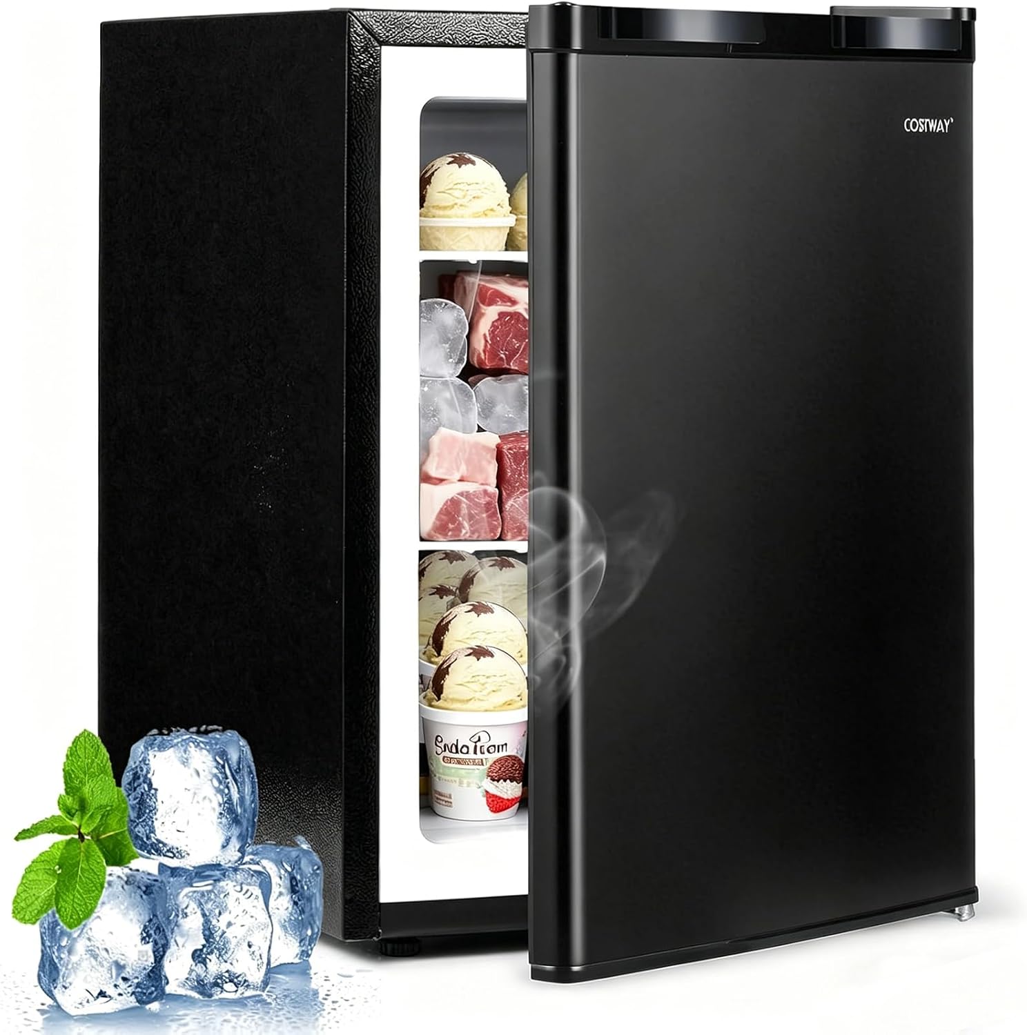 COSTWAY 2.1 Cu.Ft Small Freezer, Compact Upright Mini Freezer w/Reversible Single Door, 7 Adjustable Thermostat, Low Noise, 2 Removable Shelves for Bedroom, Office, Dorm, Apartment (Black)