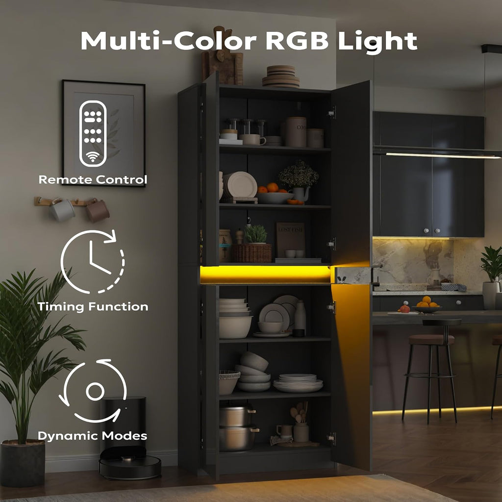 Furnify 71' Tall Pantry Storage Cabinet, Kitchen Pantry with High Gloss Doors, Modern Buffet Hutch Cabinet with Led Light and Adjustable Shelves for Dining Room, Living Room, Grey
