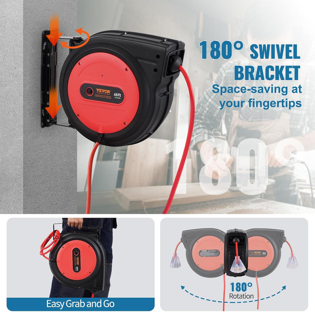 VEVOR Retractable Extension Cord Reel, 65 FT, Heavy Duty 12AWG/3C SJTOW Retractable Power Cord with Lighted Triple Tap Outlet, 15 Amp Circuit Breaker 180° Swivel Bracket for Ceiling or Wall Mount