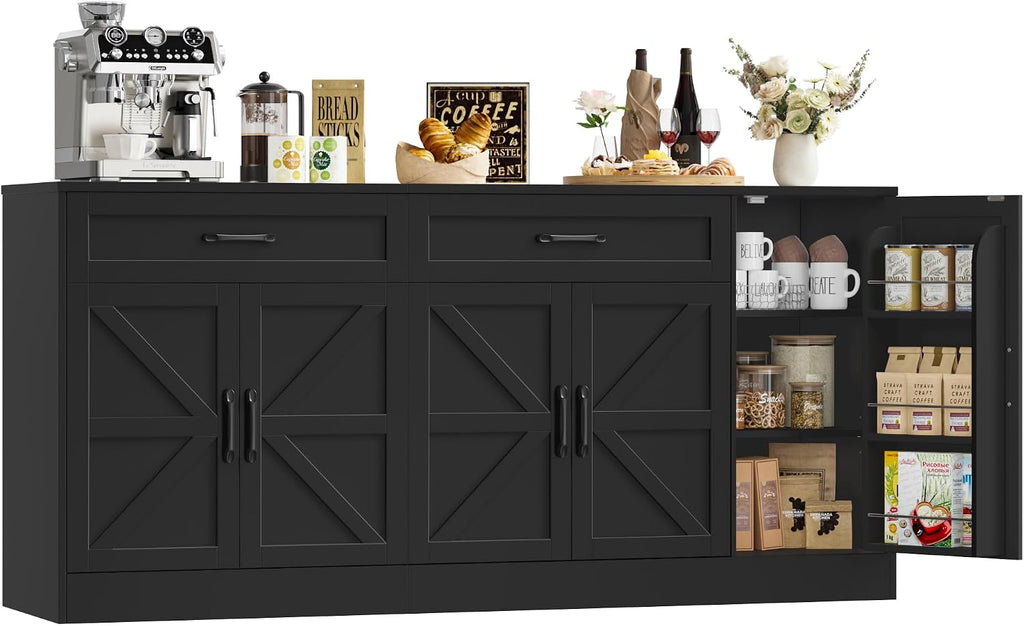 BOTLOG 71' Large Sideboard Buffet Cabinet with Storage, Farmhouse Buffet Cabinet with Adjustable Shelves and 3 Door Shelves, Wood Coffee Bar Console Table for Kitchen, Dining Room (Black)