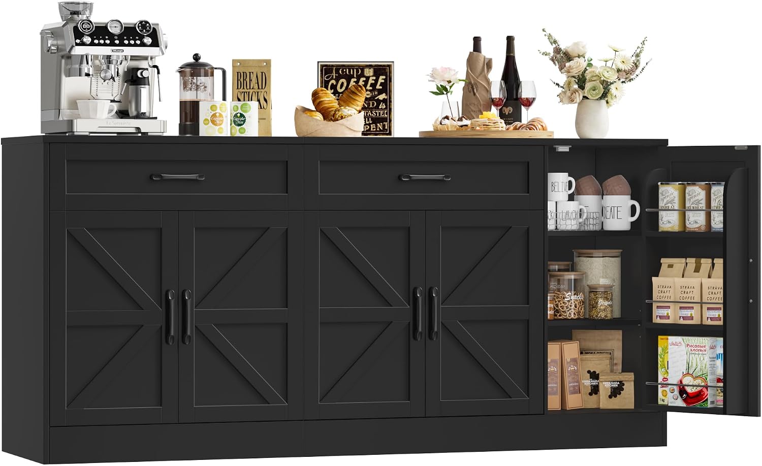BOTLOG 71' Large Sideboard Buffet Cabinet with Storage, Farmhouse Buffet Cabinet with Adjustable Shelves and 3 Door Shelves, Wood Coffee Bar Console Table for Kitchen, Dining Room (Black)