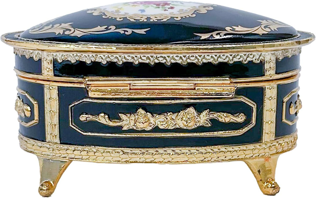 Haelo Elegant Oval Musical Trinket Jewelry Box Plays Tune Candle in The Wind 2.5 x 4 Inch Antimony Ornate Scrollwork with Floral Medallion
