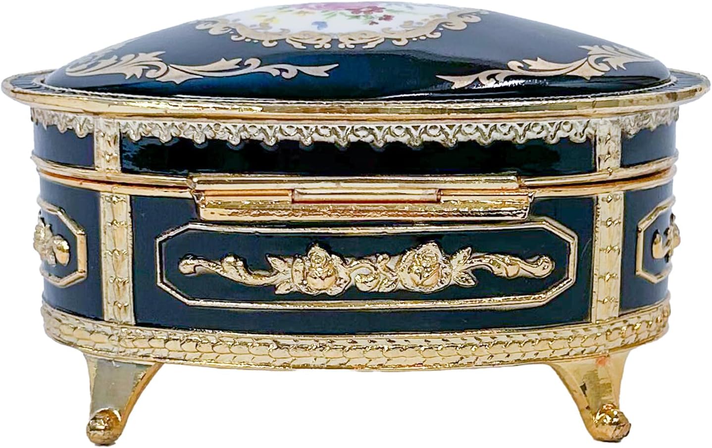 Haelo Elegant Oval Musical Trinket Jewelry Box Plays Tune Candle in The Wind 2.5 x 4 Inch Antimony Ornate Scrollwork with Floral Medallion