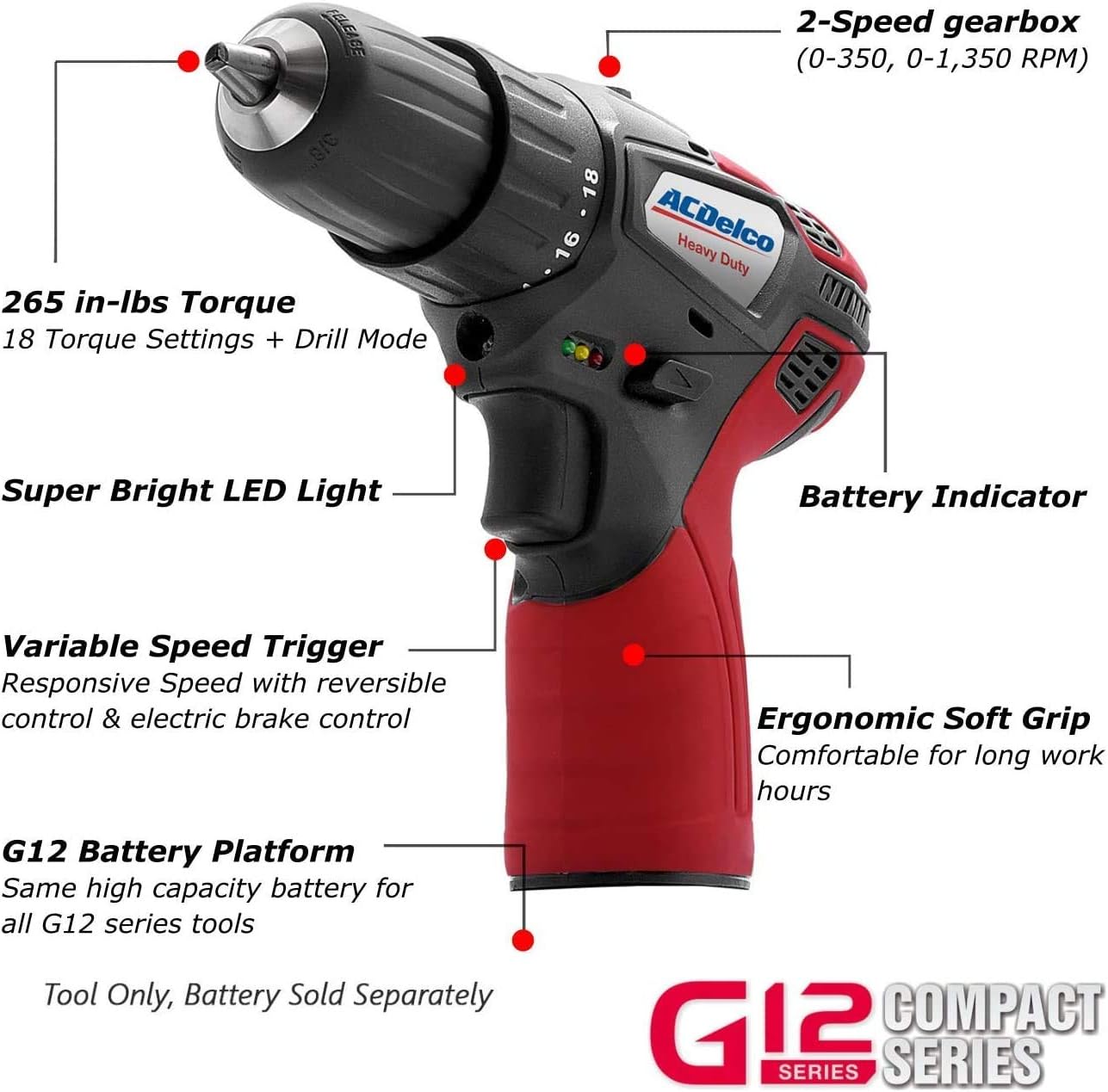 ACDelco ARW1209-K16 G12 Series 12V Li-ion Cordless 3/8' Rachet Wrench & Compact Drill Driver Combo Tool Kit