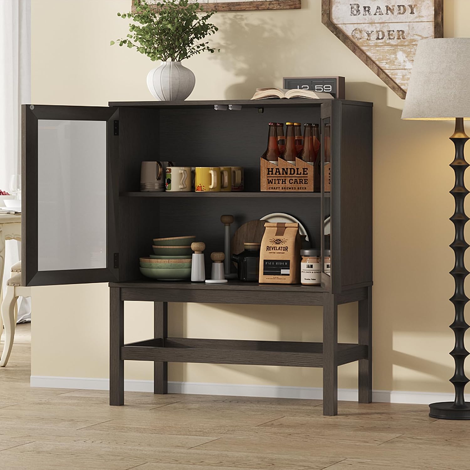 Sideboard Buffet Cabinet with Storage Set of 2, Small Kitchen Coffee Wine Bar Cabinet with Glass Doors, Wood Mid Century Modern Side Board Table for Dining Room, Living Room