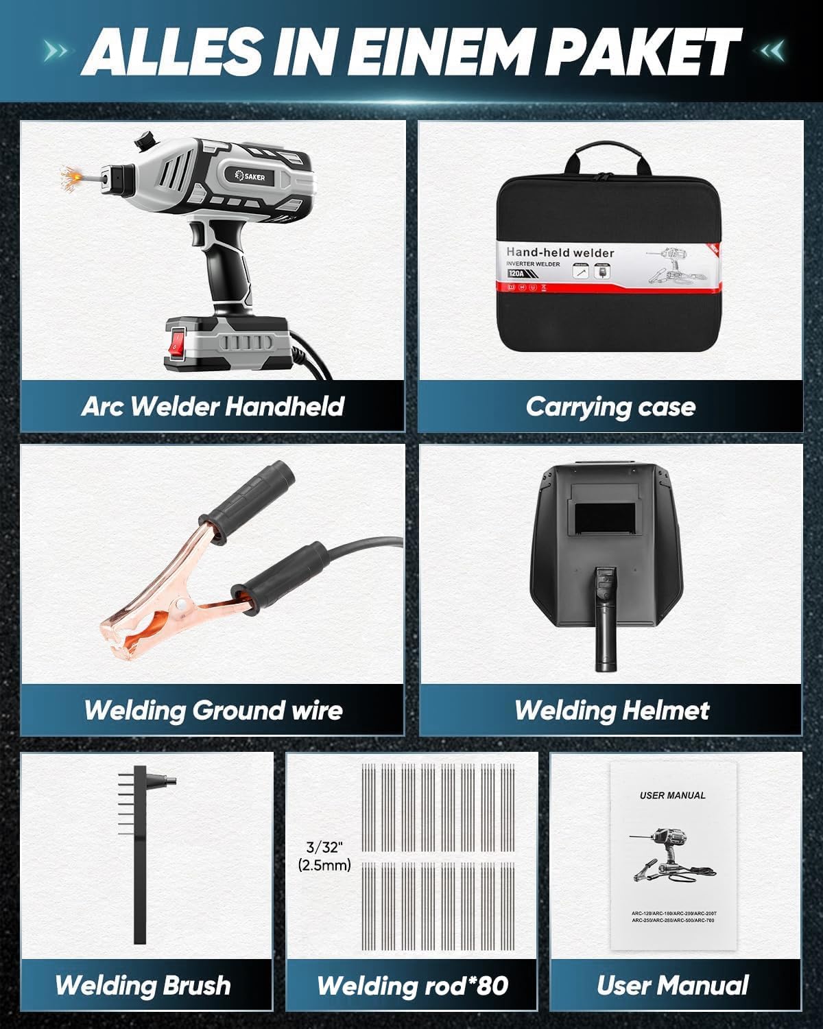 Saker Portable Welder Handheld Welding Machine with 5-Level Current Adjustment, IGBT ARC Welder Gun with 80 Welding Rods, 110V Plug & Play for DIY Home Garage Metal Welding
