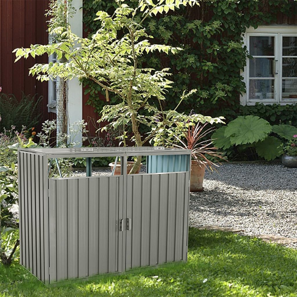 Outdoor Storage Shed for Trash Cans and Yard Tools, Bike Shed Heavy Duty Metal Shed Tool Shed with 2 Doors, Horizontal Stow-Away Storage Shed for Backyard Patio Garden,Gray,63'L × 31.5'W × 48'H