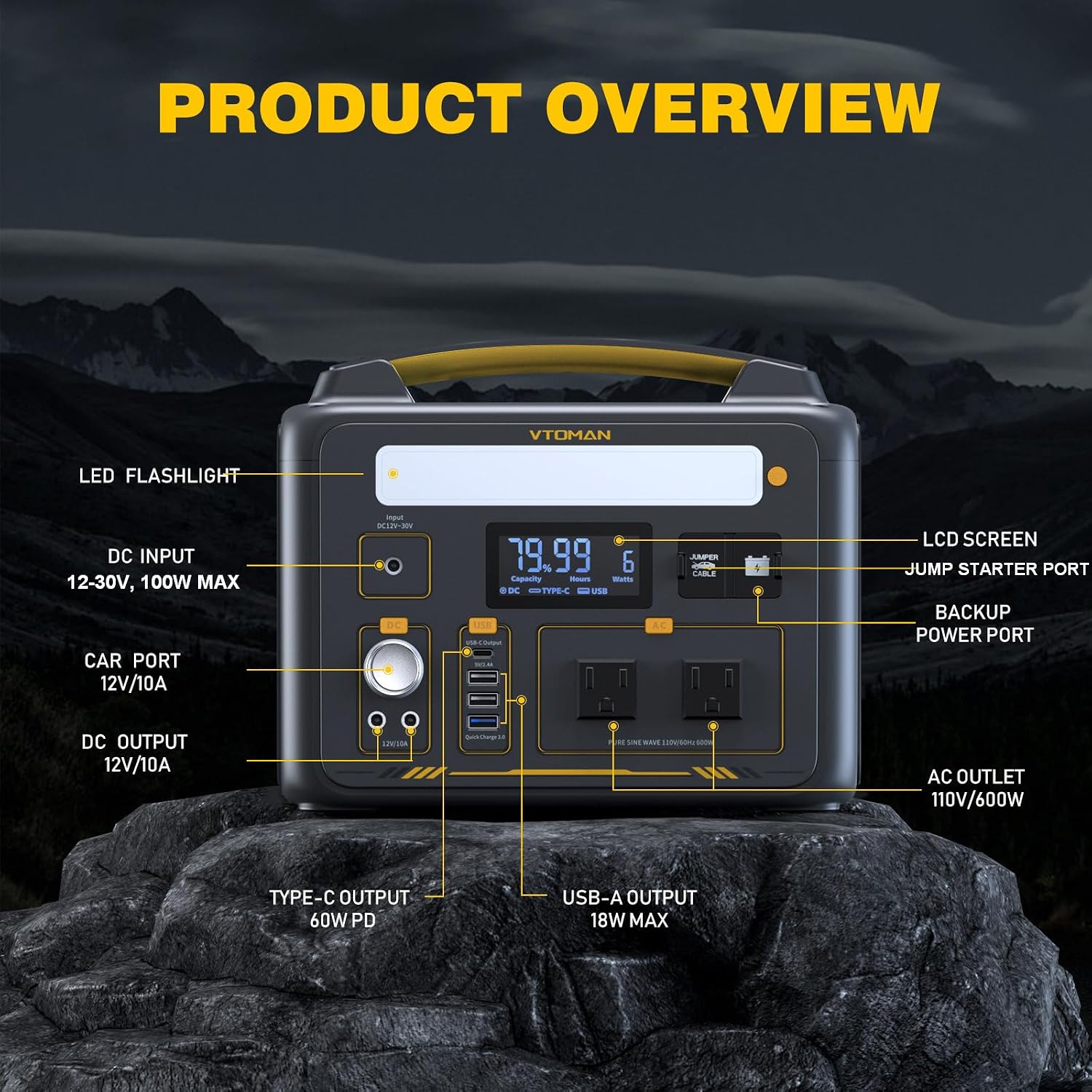 VTOMAN Jump100 88.8Wh/100W+Jump 600X 299Wh/600W Portable Power Station, LiFePO4 Battery Solar Generator for Camping, Hiking, Fishing, Home Backup