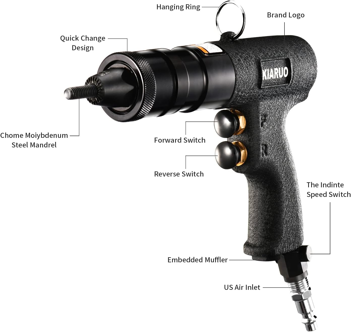 Pneumatic Rivet Nut Gun M4,M5,M6 with Replacement Mandrels, RPM 1500 Industrial Grade Pull Rivnut Gun MODEI:LM08 Button Switch