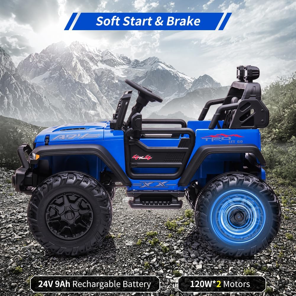 24V 2 Seaters Kids Ride On Truck with Remote Control, 20' Large Seat + 15.5' Large Wheels, Electric Vehicle Car with LED Light,Storage Space, Bottle Holder,Music, Horn,USB for 3-8 Years (Blue)