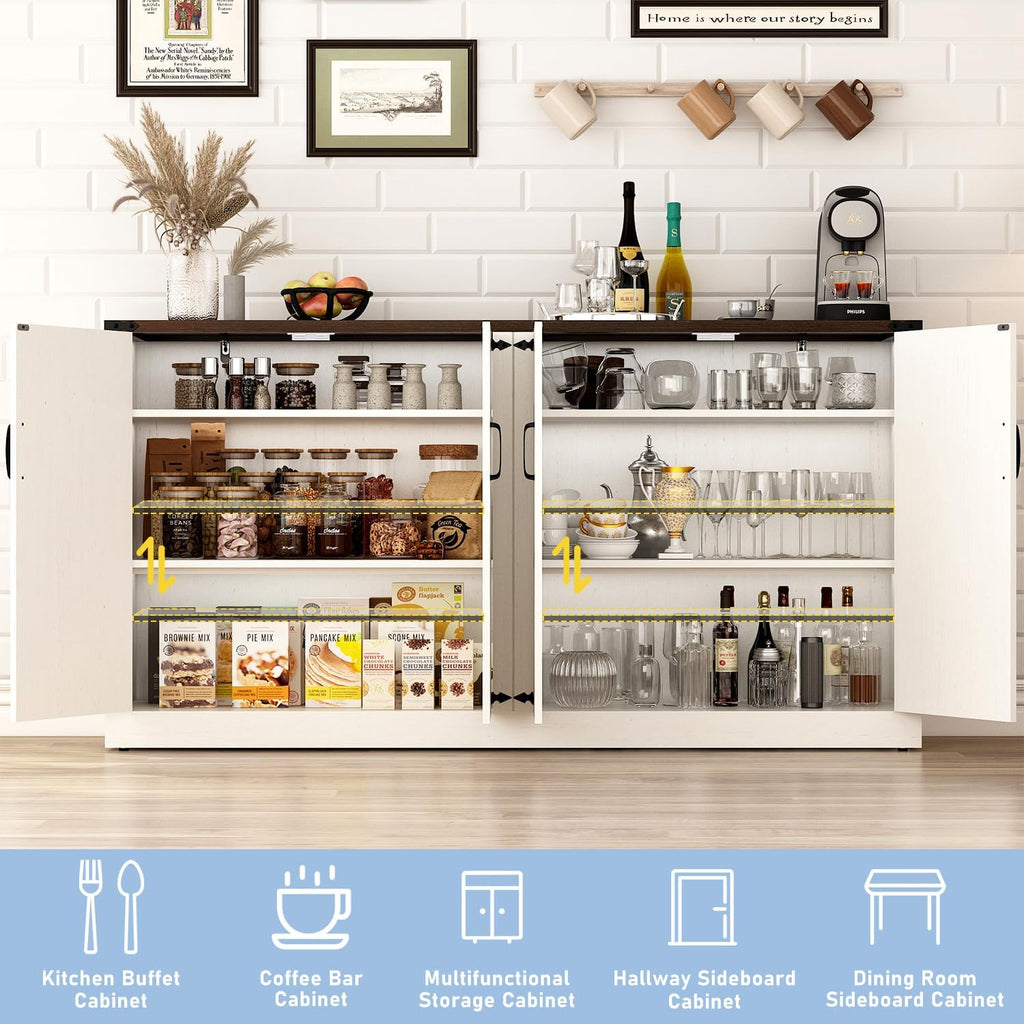 65 Inch Sideboard Buffet Cabinet with Storage, Farmhouse Kitchen Sideboard Cabinets with Adjustable Shelves, Wooden Coffee Bar Storage Cabinet Buffet Table for Kitchen, Dining Room, White