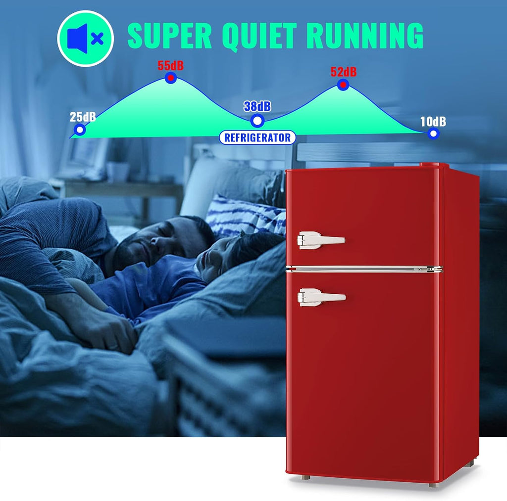 3.5 Cu.ft Refrigerator with Freezer Double Door Red Fridge Adjustable Glass Shelves, Plastic Crisper,7 Level Temperature Control Fridge for Dorm, Office, Apartment