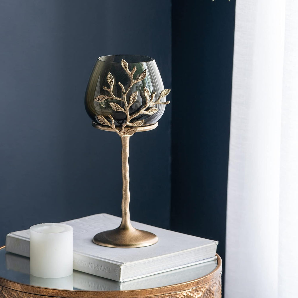 A&B Home Olive Branch Candle Holder - Glass Candle Holder with Gold Metal Base, Decorative Tabletop Lighting, Living Room Coffee Table Accent Piece Dining Table Centerpiece, 6' x 6' x 13'