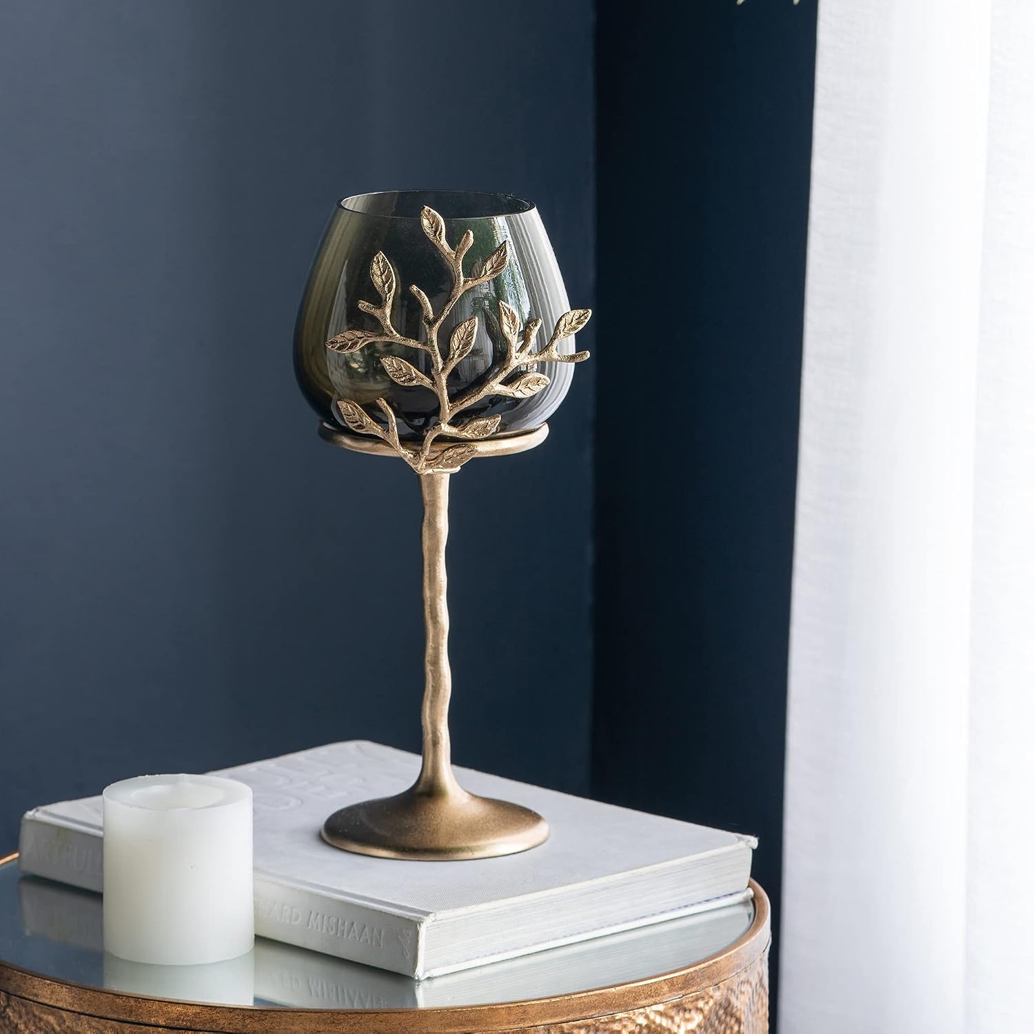 A&B Home Olive Branch Candle Holder - Glass Candle Holder with Gold Metal Base, Decorative Tabletop Lighting, Living Room Coffee Table Accent Piece Dining Table Centerpiece, 6' x 6' x 13'