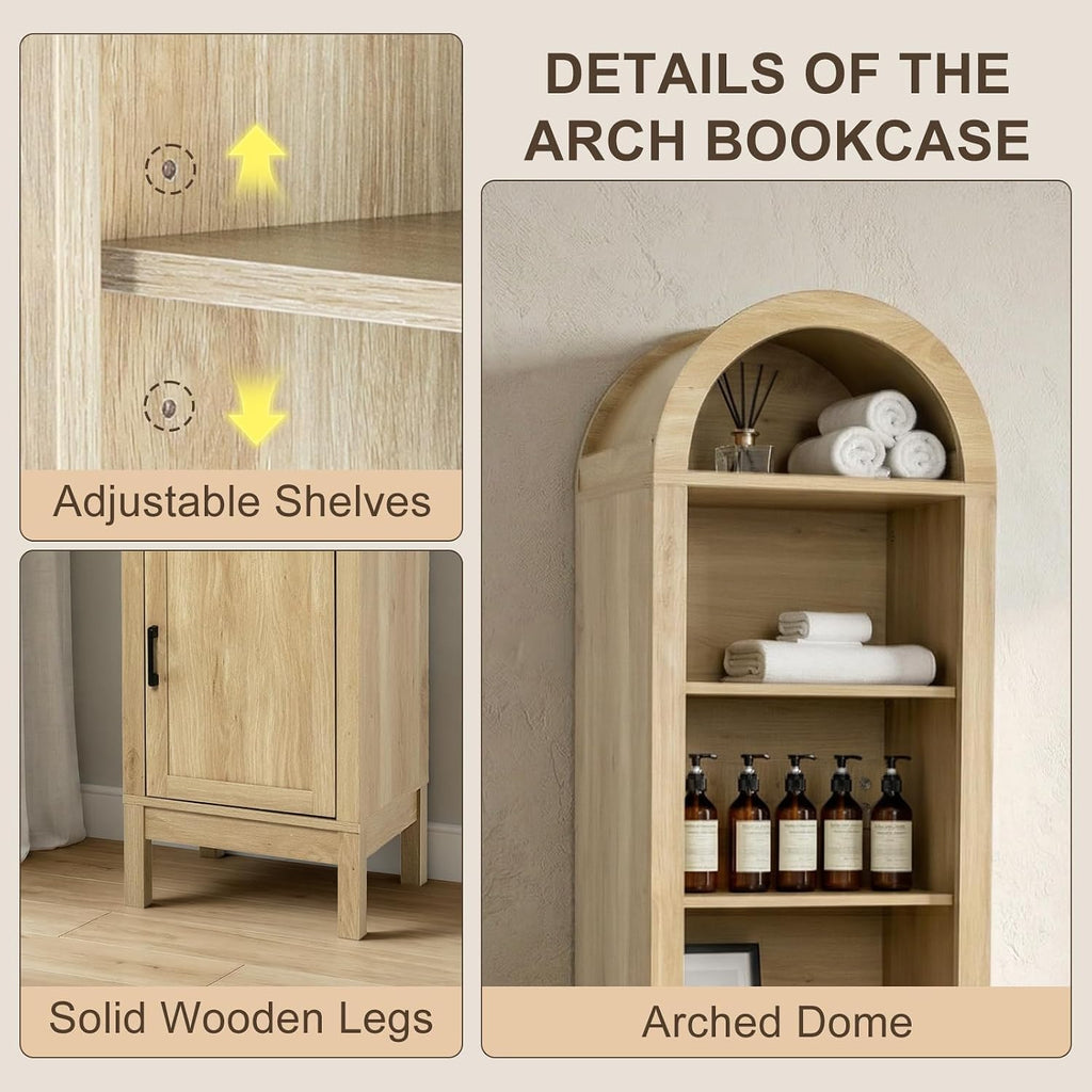 Narrow 71' Tall Wood Cabinet with Adjustable Shelves | Arched Storage Cabinet, 1 Door & 1 Drawer, Moisture-Resistant, Anti-Tipping, Sleek, Sturdy, Cam Lock, Space-Saving,